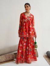 Women Red Floral Peplum Top With Sharara-SHSET96050